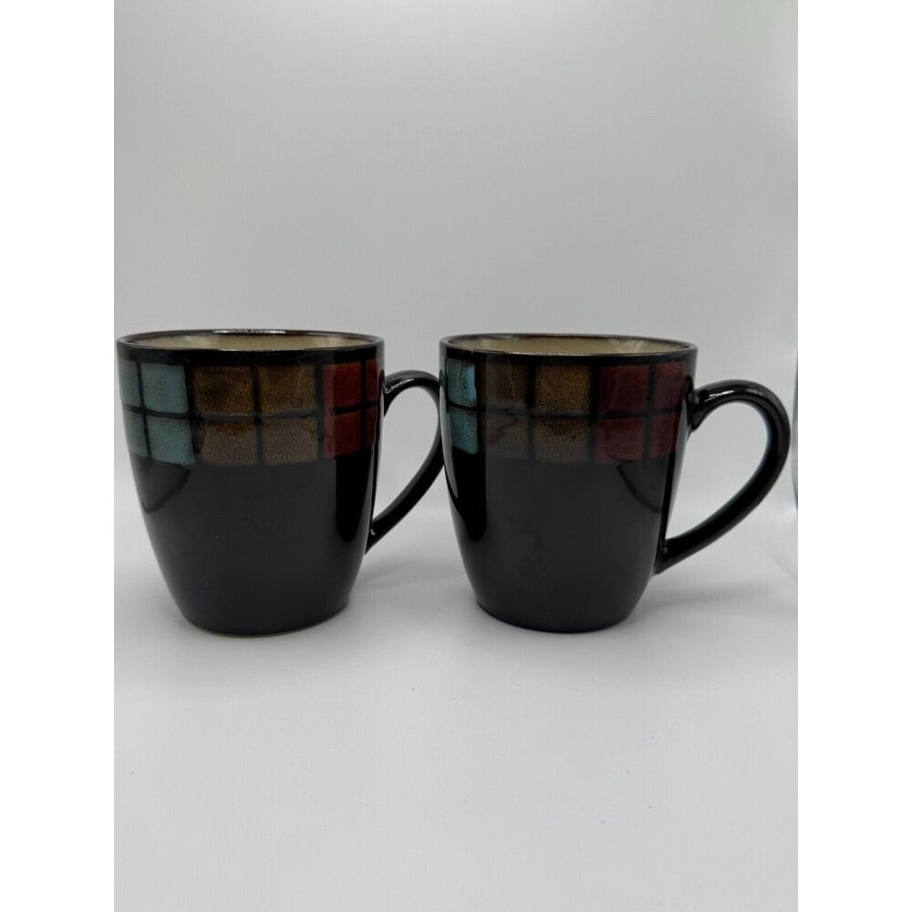 2 Gourmet Basics by Mikasa Antigua Coffee Mugs 4.5" tall Brown base geometric